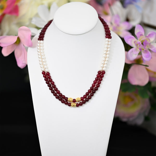 22K YG Synthetic Pearl and Red Stone 2 Layer Necklace-1pc