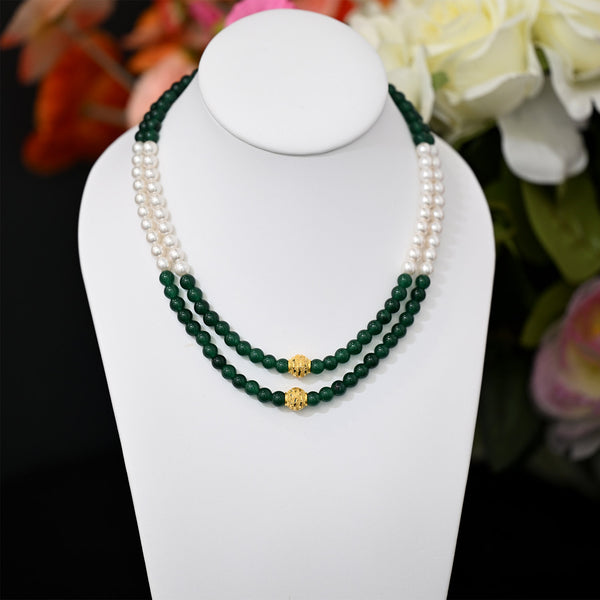 22K YG Synthetic Pearl and Green Stone 2 Layer Necklace-1pc