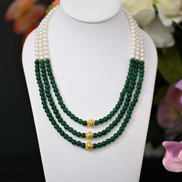 22K YG Synthetic Pearl and Green stone 3 Layer Necklace-1pc