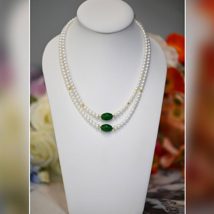 22K YG Green Agate Round White FWP Necklace-1pc