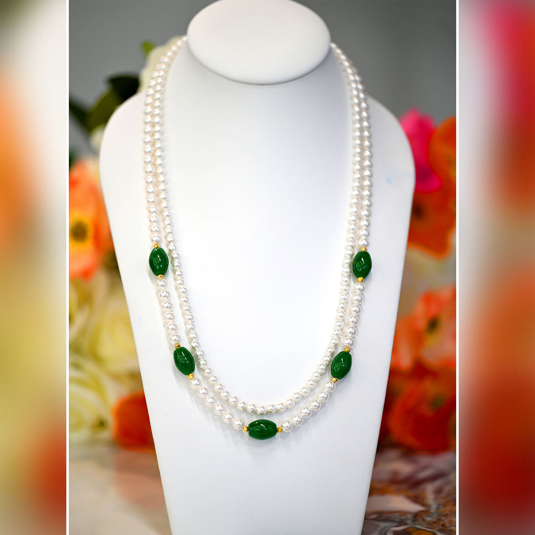 22K YG Green Agate Round White FWP Necklace-1pc