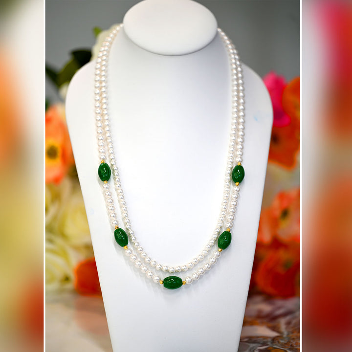 22K YG Green Agate Round White FWP Necklace-1pc