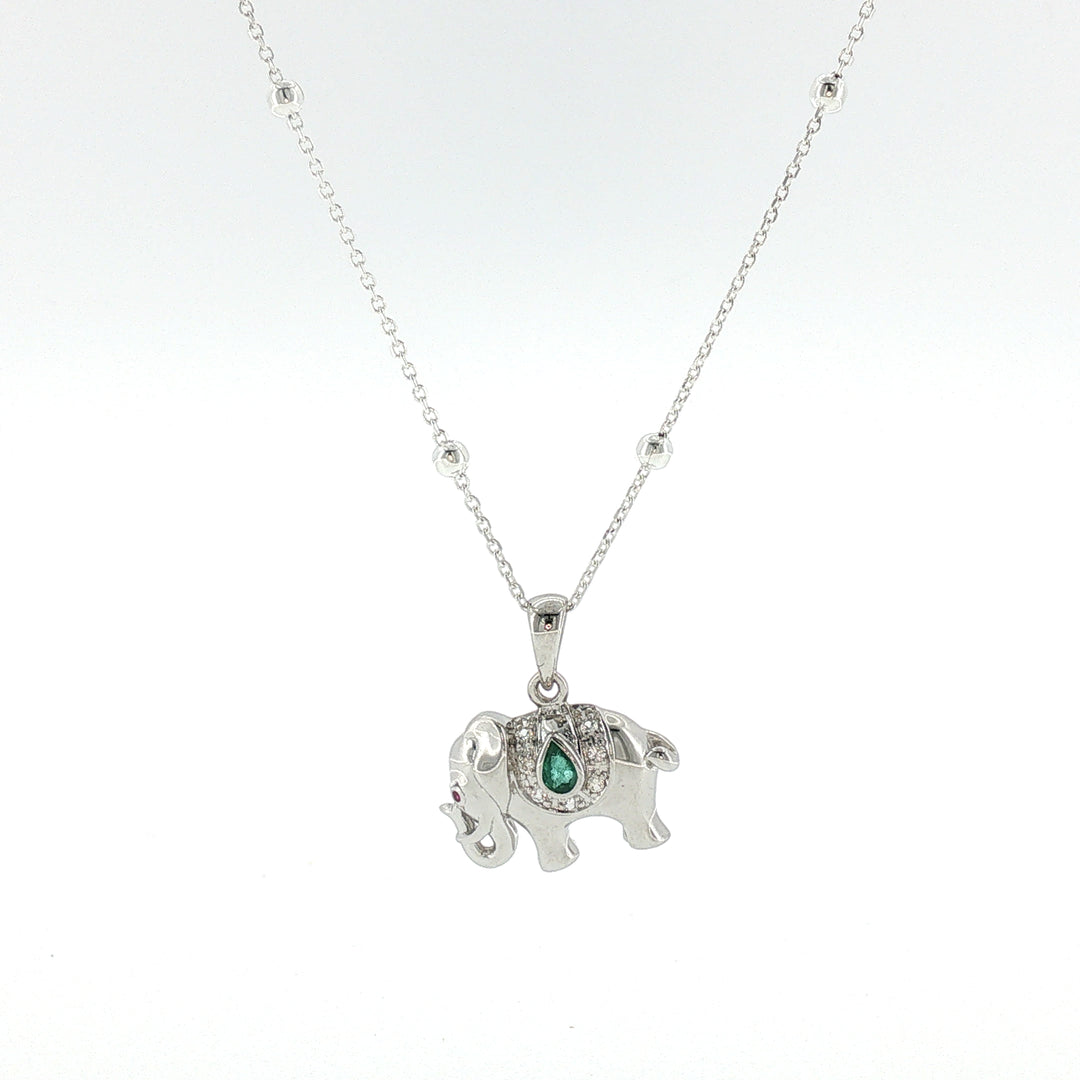 Sterling Silver Elephant Necklace with Emerald and White Sapphire