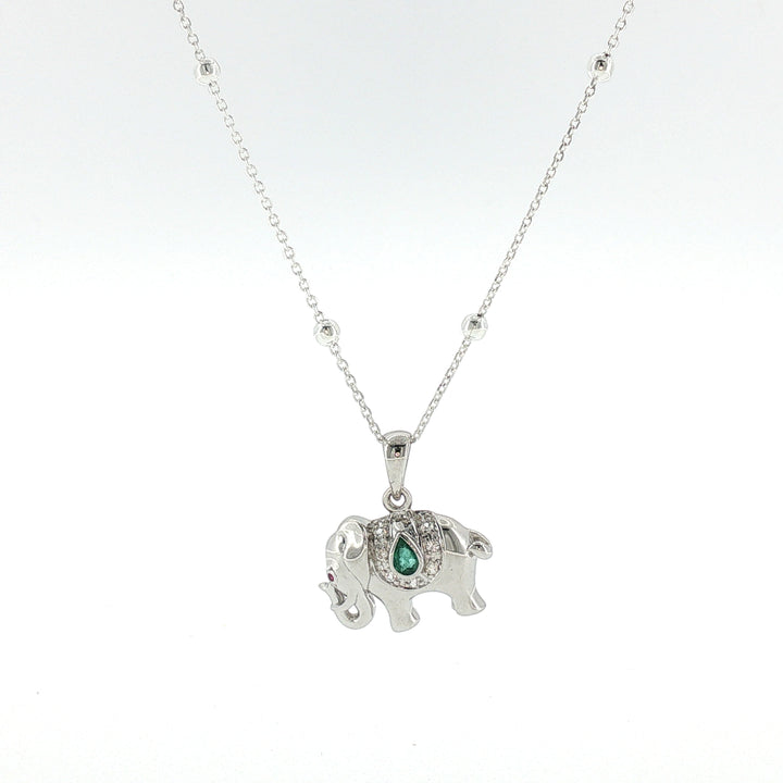 Sterling Silver Elephant Necklace with Emerald and White Sapphire