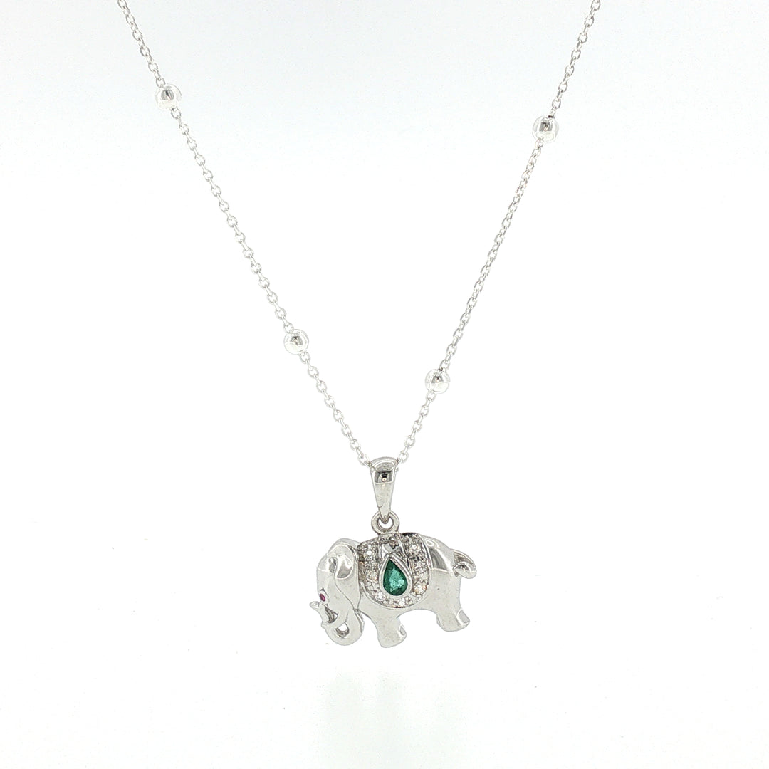 Sterling Silver Elephant Necklace with Emerald and White Sapphire