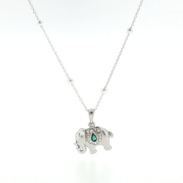 Sterling Silver Elephant Necklace with Emerald and White Sapphire