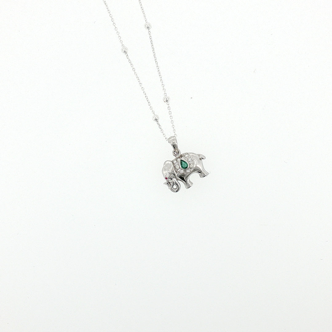Sterling Silver Elephant Necklace with Emerald and White Sapphire
