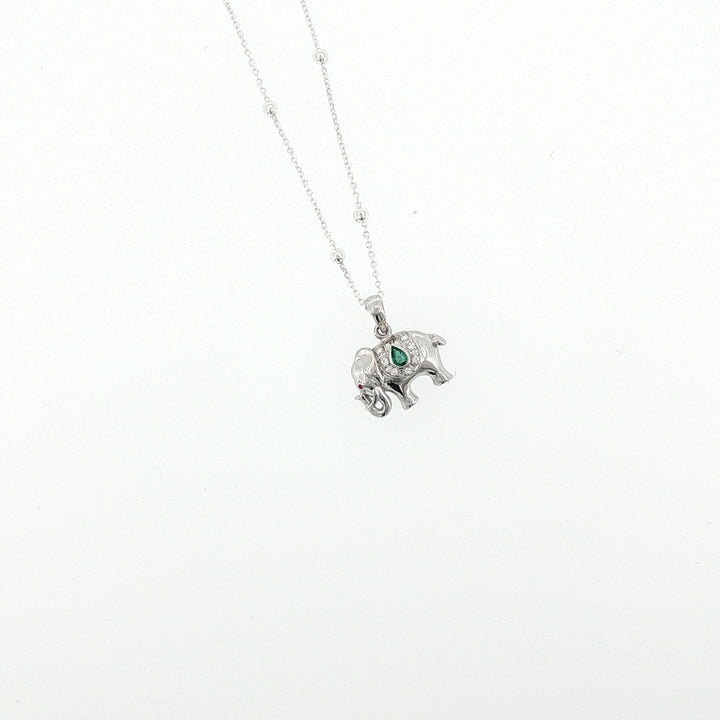 Sterling Silver Elephant Necklace with Emerald and White Sapphire