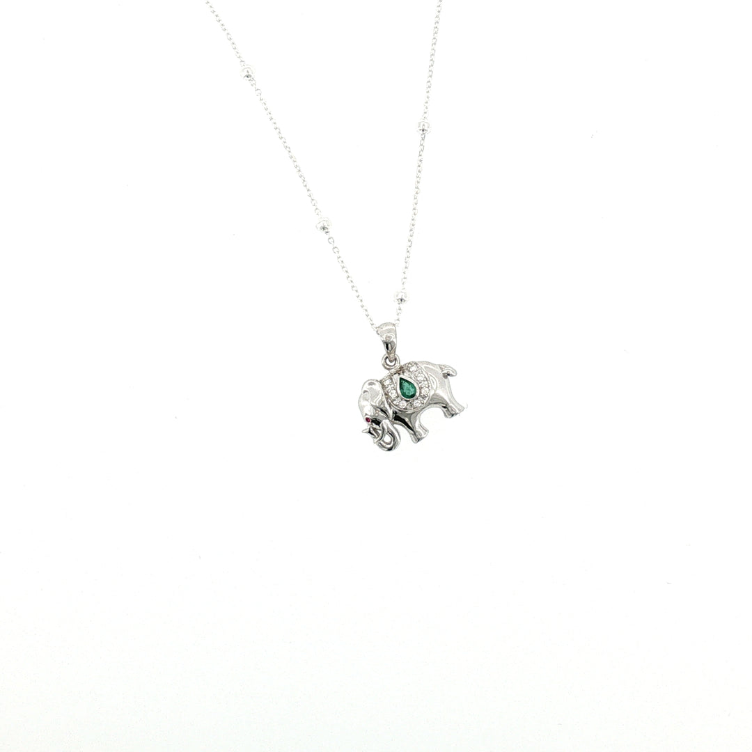 Sterling Silver Elephant Necklace with Emerald and White Sapphire