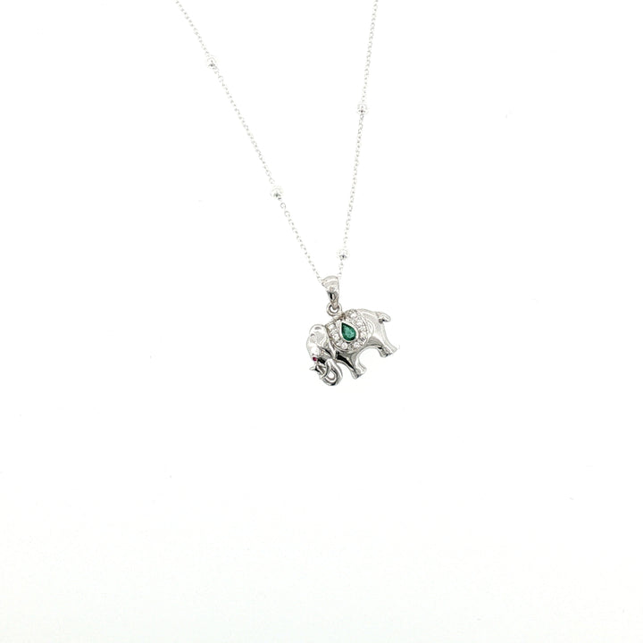 Sterling Silver Elephant Necklace with Emerald and White Sapphire