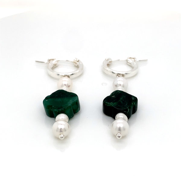 Sterling Silver Huggie Clover Green Lepidolite and FWP Earring-1pair