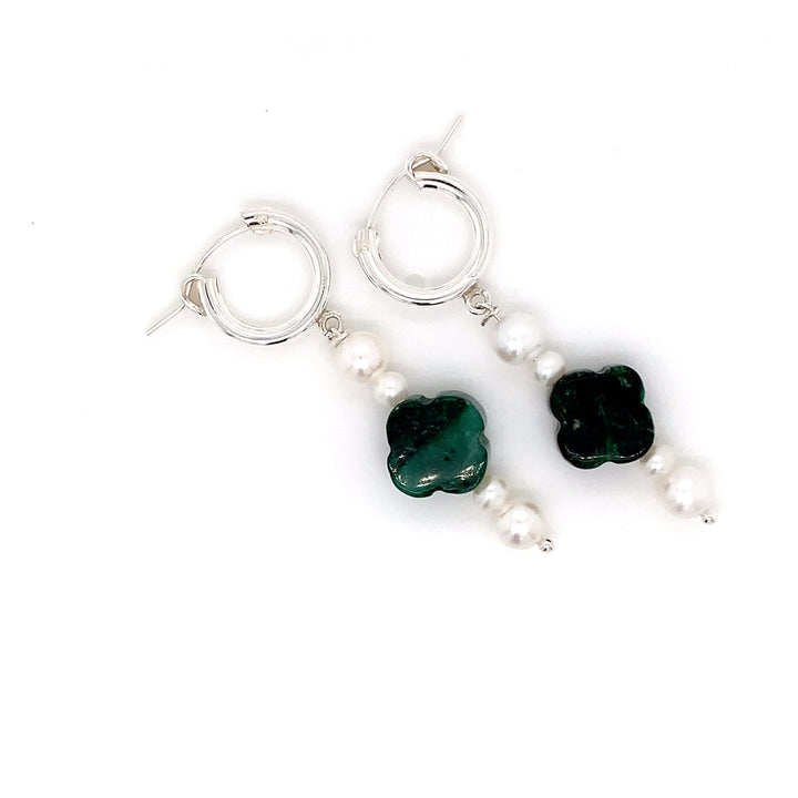 Sterling Silver Huggie Clover Green Lepidolite and FWP Earring-1pair