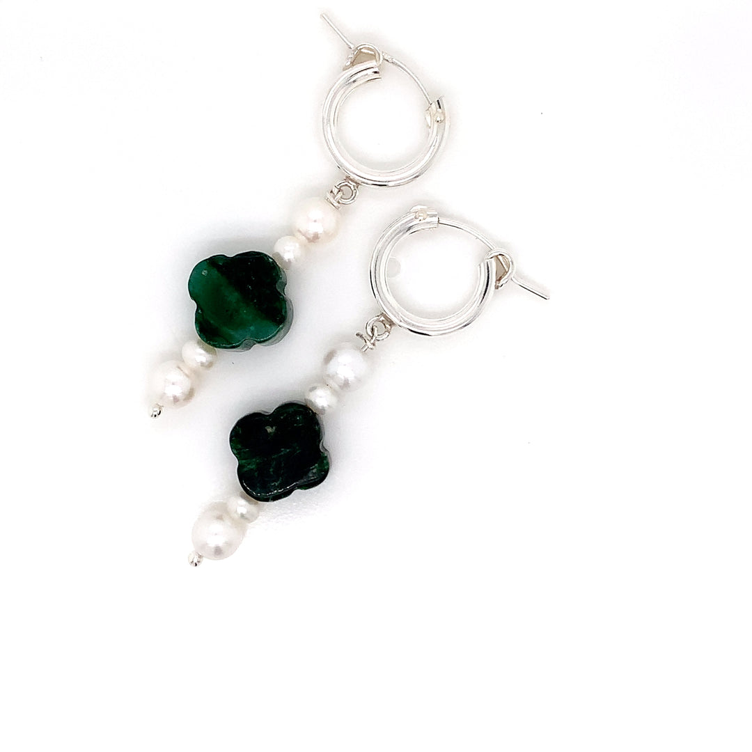 Sterling Silver Huggie Clover Green Lepidolite and FWP Earring-1pair