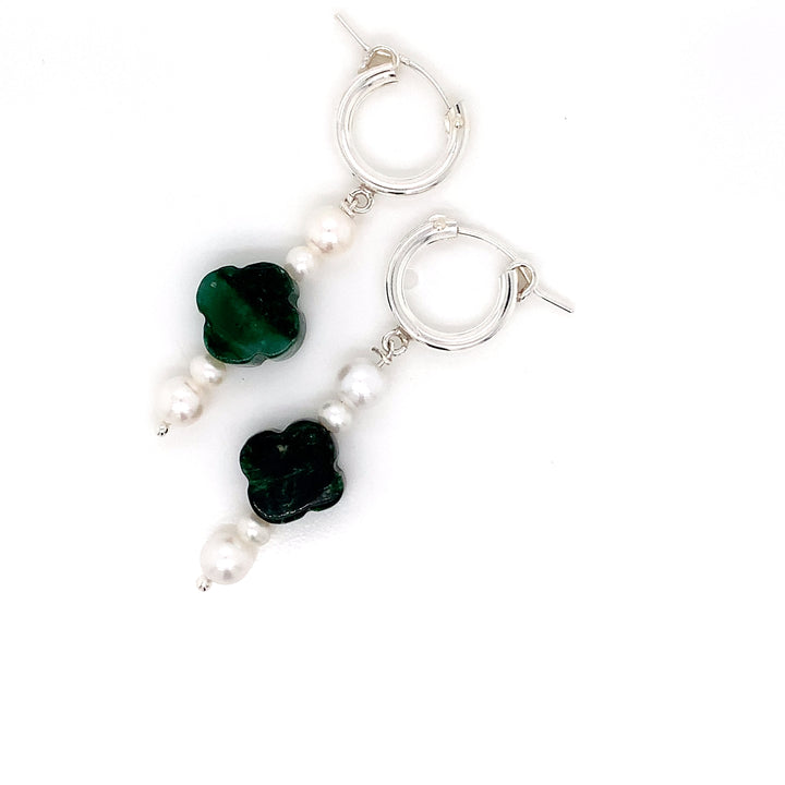 Sterling Silver Huggie Clover Green Lepidolite and FWP Earring-1pair