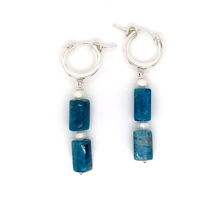 Sterling Silver Hinged Hoop Dangler Blue Apatite Faceted Tube and FWP Earring-1pair