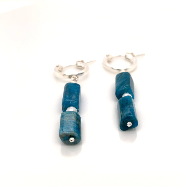 Sterling Silver Hinged Hoop Dangler Blue Apatite Faceted Tube and FWP Earring-1pair