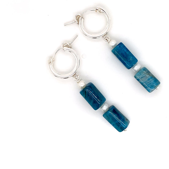 Sterling Silver Hinged Hoop Dangler Blue Apatite Faceted Tube and FWP Earring-1pair