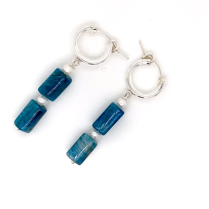 Sterling Silver Hinged Hoop Dangler Blue Apatite Faceted Tube and FWP Earring-1pair
