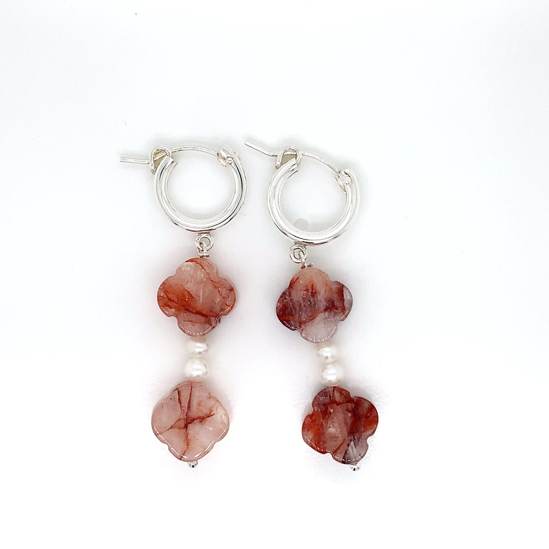 Sterling Silver Hinged Hoop Dangler Clover Hematoid Quartz and FWP  Earring-1pair