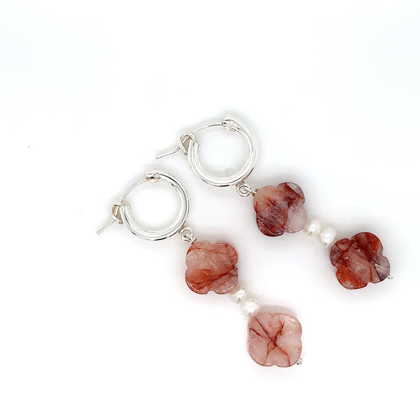 Sterling Silver Hinged Hoop Dangler Clover Hematoid Quartz and FWP  Earring-1pair