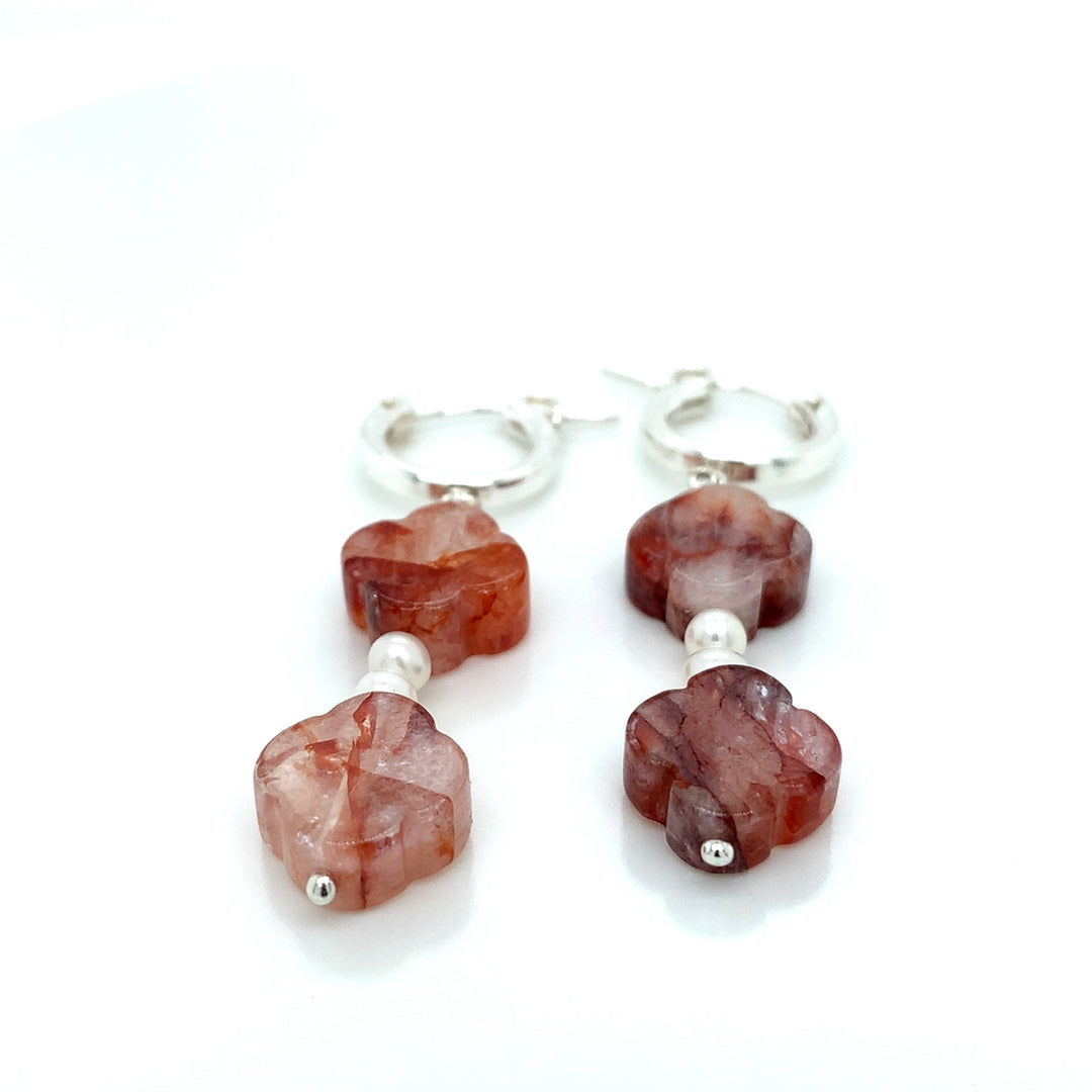 Sterling Silver Hinged Hoop Dangler Clover Hematoid Quartz and FWP  Earring-1pair