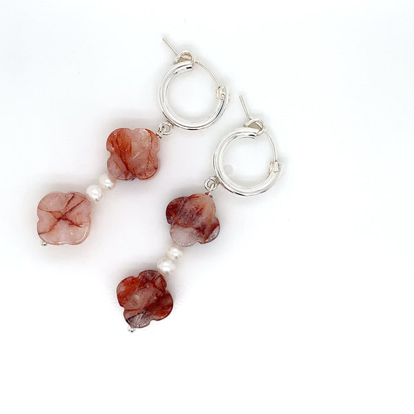 Sterling Silver Hinged Hoop Dangler Clover Hematoid Quartz and FWP  Earring-1pair