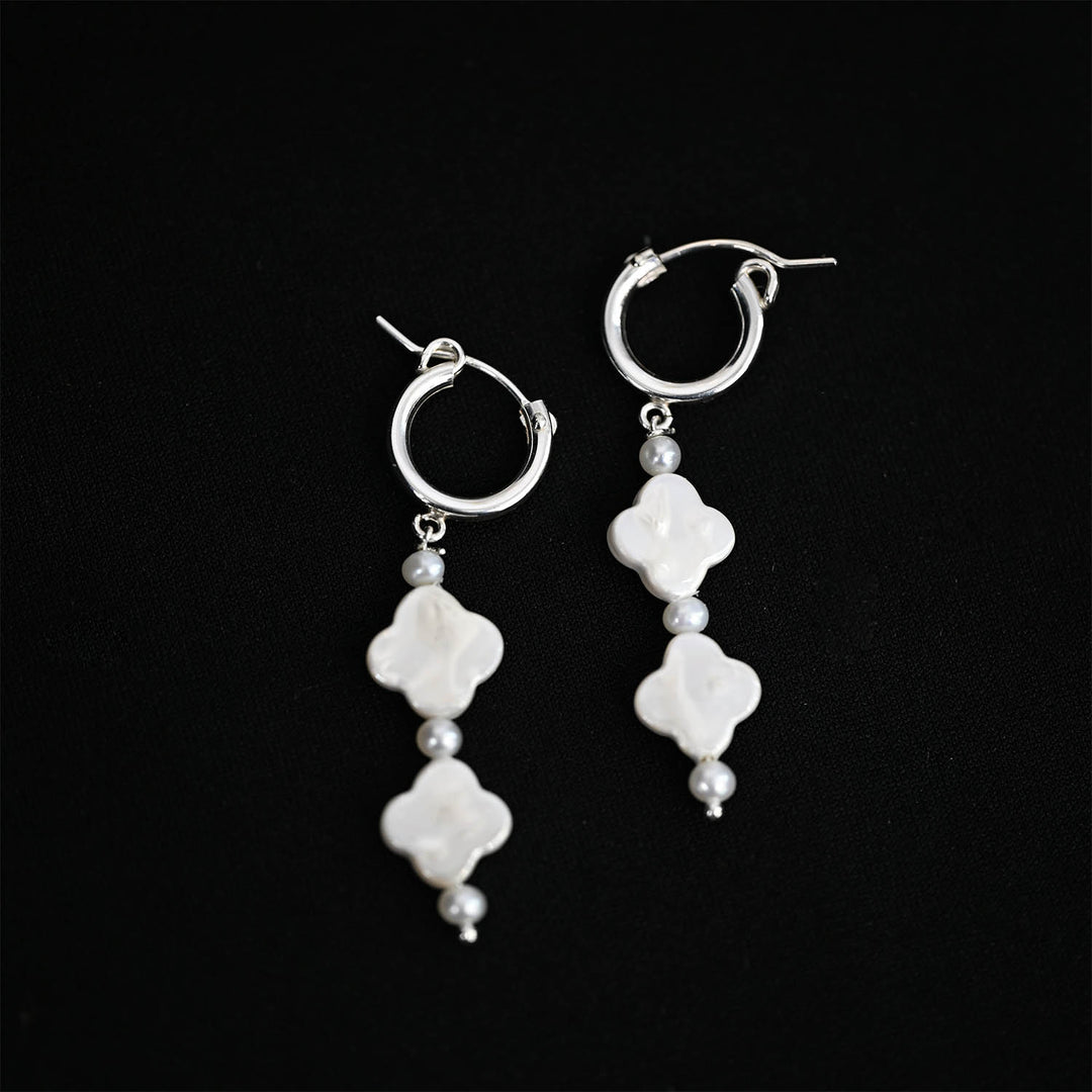 Sterling Silver Hinged Hoop Dangler with Clover synthetic Pearl and Round FWP Earring-1pair
