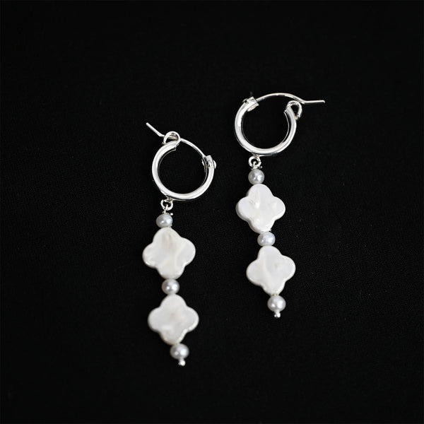 Sterling Silver Hinged Hoop Dangler with Clover synthetic Pearl and Round FWP Earring-1pair