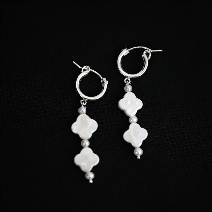 Sterling Silver Hinged Hoop Dangler with Clover synthetic Pearl and Round FWP Earring-1pair