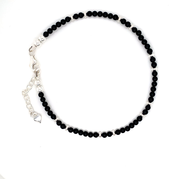 3mm Onyx Silver Sterling Bead Saucer Anklet-1pc