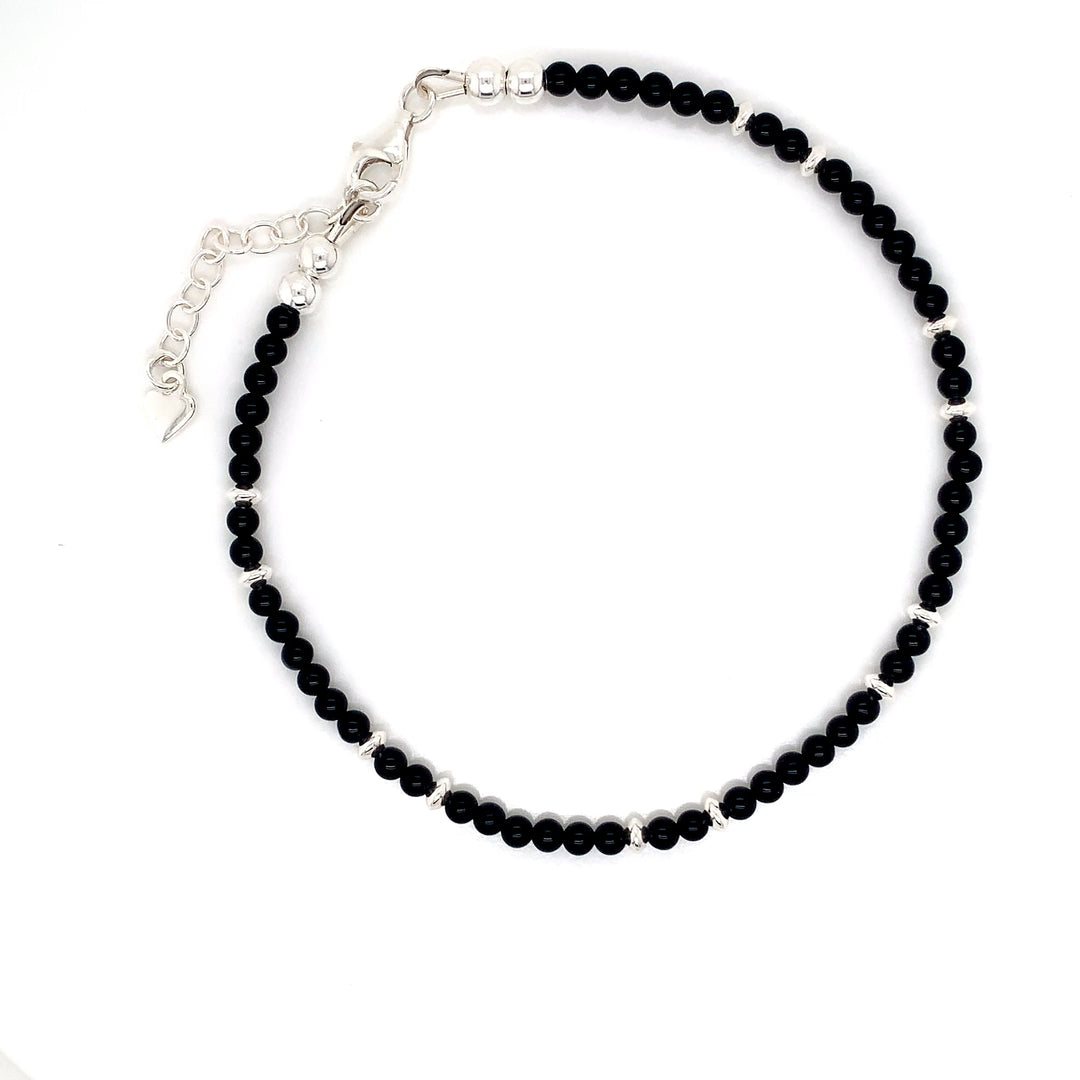3mm Onyx Silver Sterling Bead Saucer Anklet-1pc