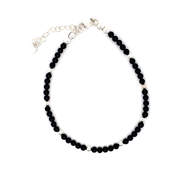 3mm Onyx Silver Sterling 3mm Ball Anklet-1pc