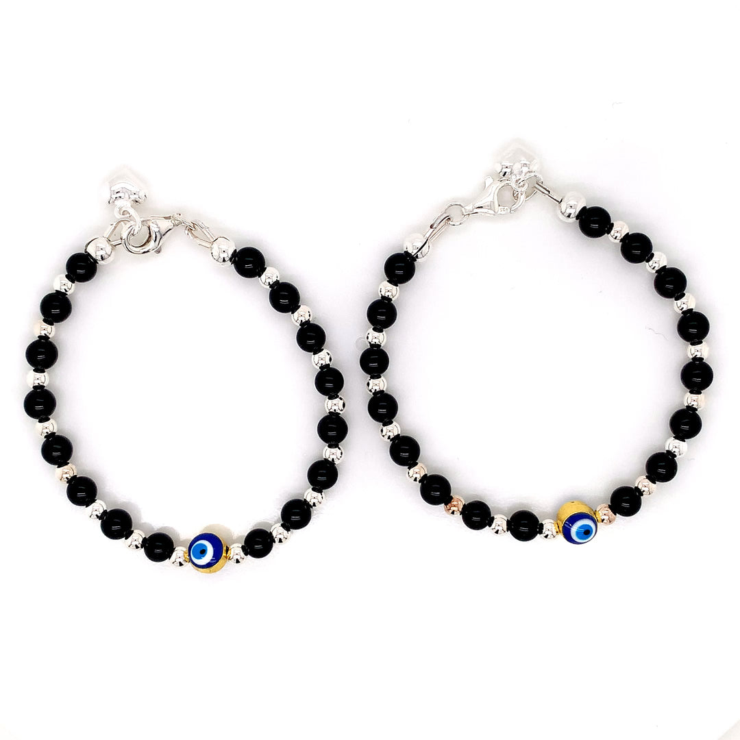 4mm/3mm Onyx SS Ball Evil Eye Bracelet with Heart Charm-1pair