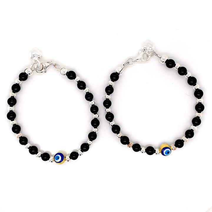 4mm/3mm Onyx SS Ball Evil Eye Bracelet with Heart Charm-1pair