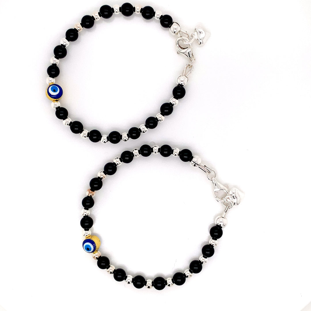 4mm/3mm Onyx SS Ball Evil Eye Bracelet with Heart Charm-1pair