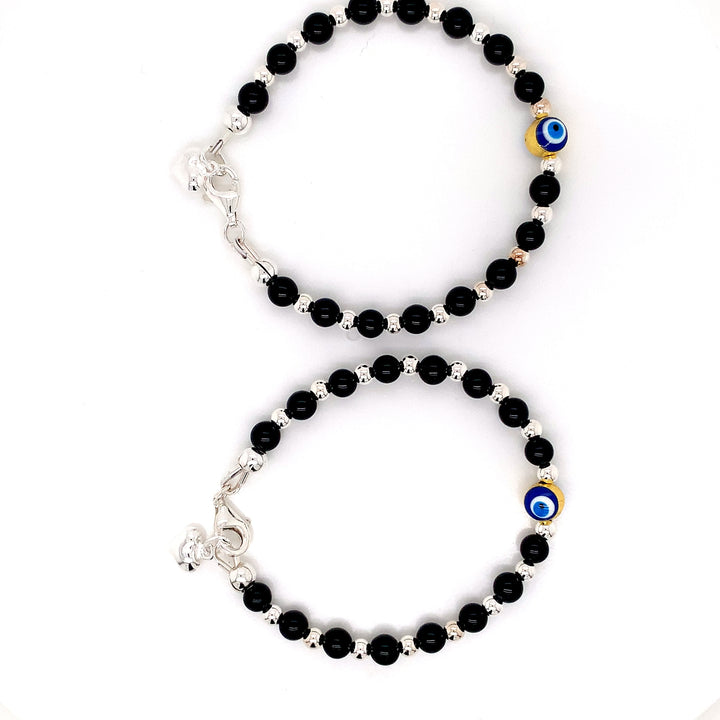4mm/3mm Onyx SS Ball Evil Eye Bracelet with Heart Charm-1pair