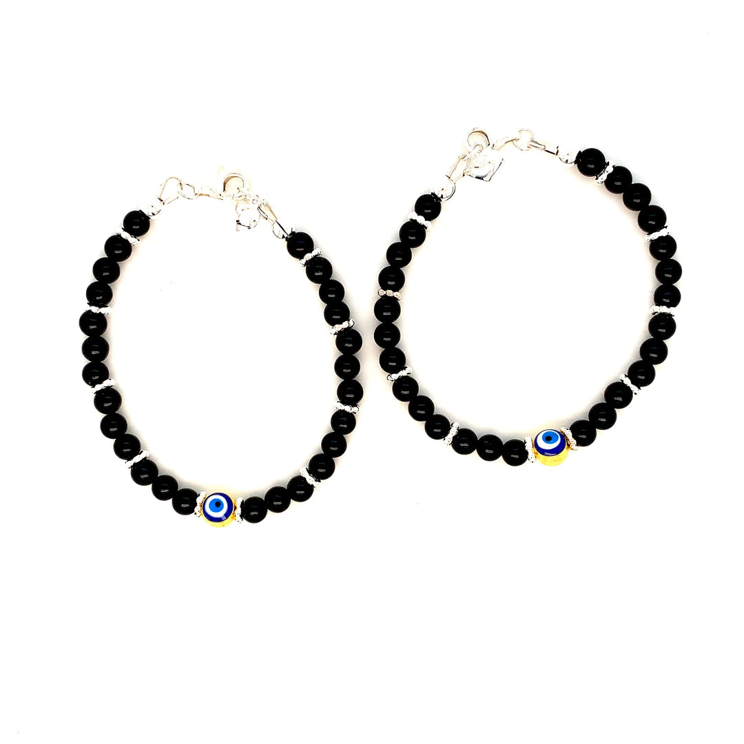 4mm Onyx SS Daisy Evil Eye Heart Charm Bracelet-1pair
