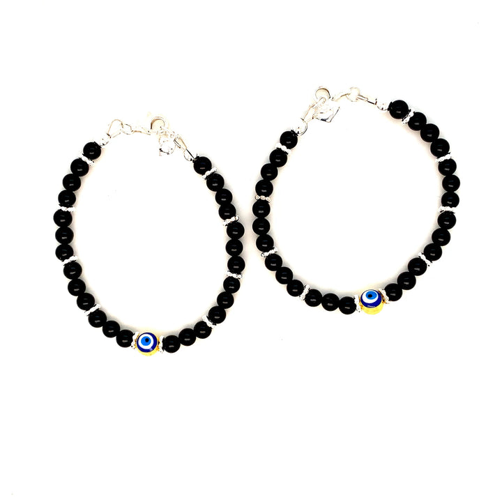 4mm Onyx SS Daisy Evil Eye Heart Charm Bracelet-1pair