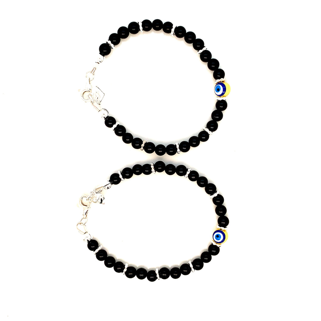 4mm Onyx SS Daisy Evil Eye Heart Charm Bracelet-1pair