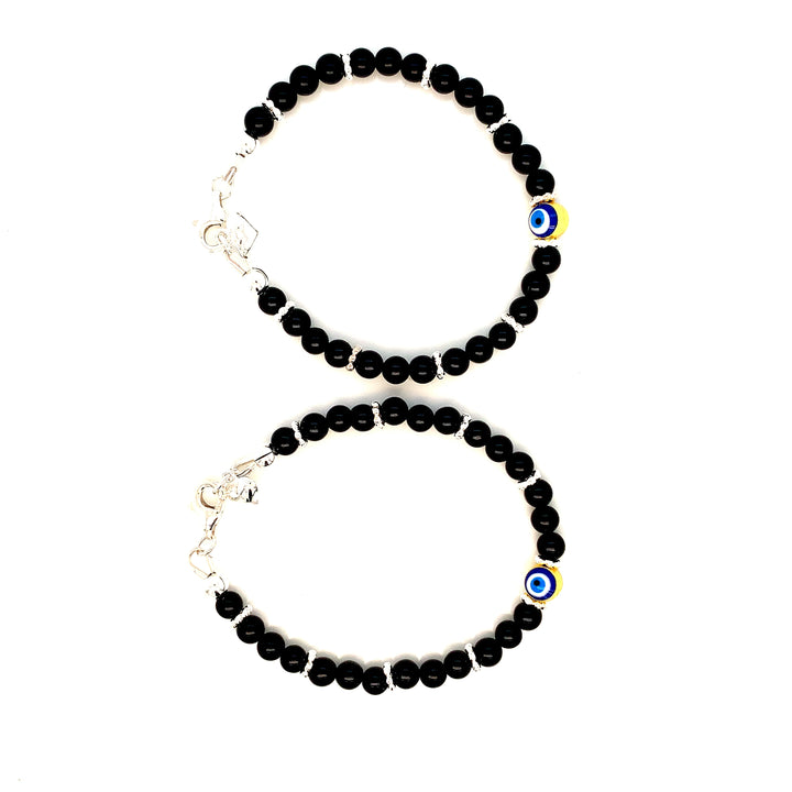 4mm Onyx SS Daisy Evil Eye Heart Charm Bracelet-1pair