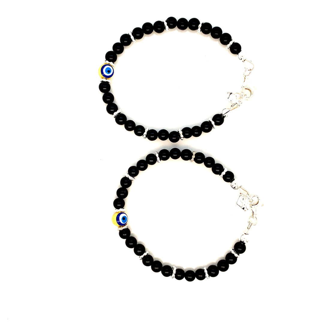 4mm Onyx SS Daisy Evil Eye Heart Charm Bracelet-1pair
