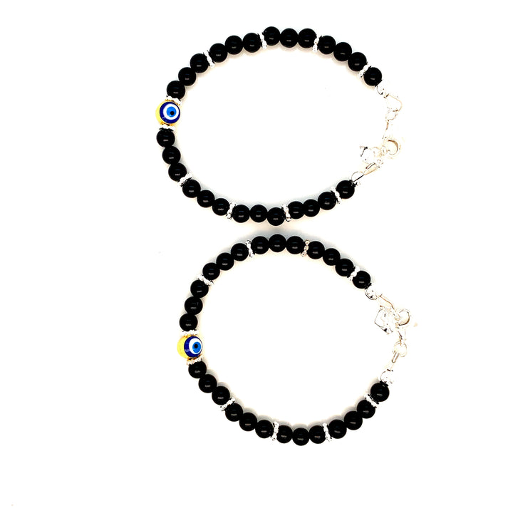 4mm Onyx SS Daisy Evil Eye Heart Charm Bracelet-1pair