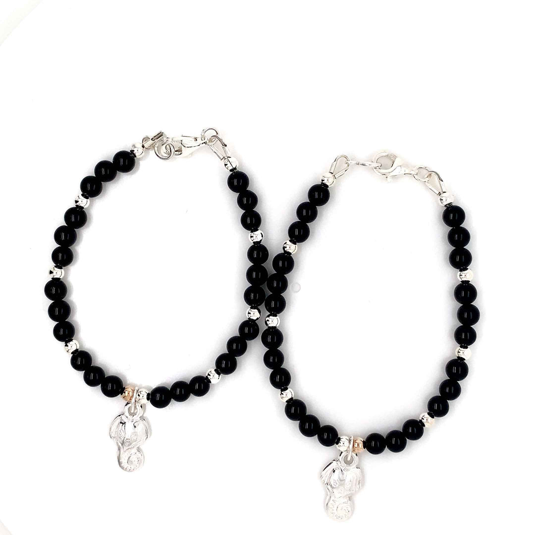 4mm onyx 3mm Silver Sterling Ganesh Kids Bracelet-1pair