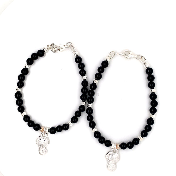 4mm onyx 3mm Silver Sterling Ganesh Kids Bracelet-1pair