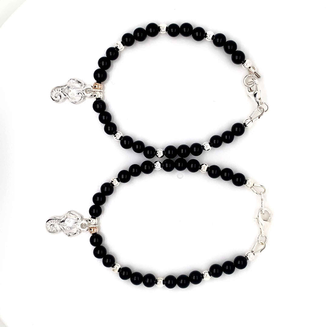 4mm onyx 3mm Silver Sterling Ganesh Kids Bracelet-1pair