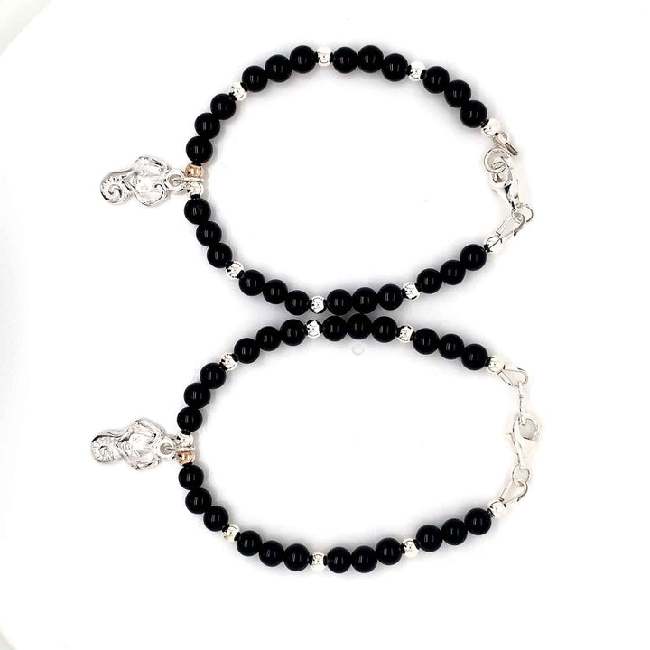 4mm onyx 3mm Silver Sterling Ganesh Kids Bracelet-1pair