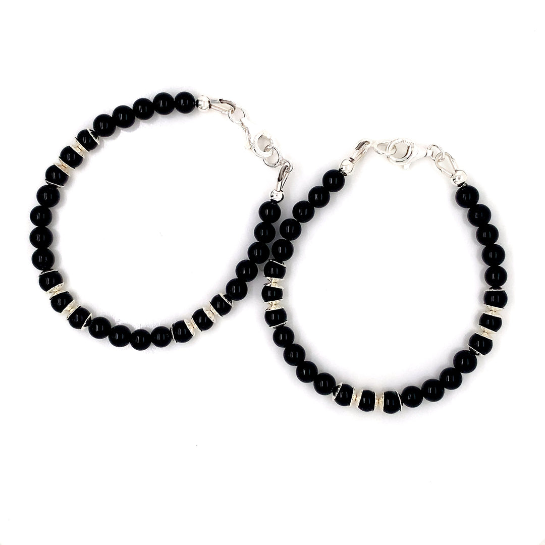 4mm Onyx Silver Sterling Flower Cap Kids Bracelet-1pair