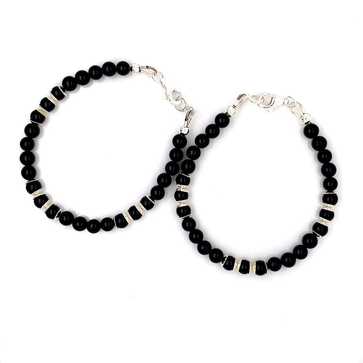 4mm Onyx Silver Sterling Flower Cap Kids Bracelet-1pair