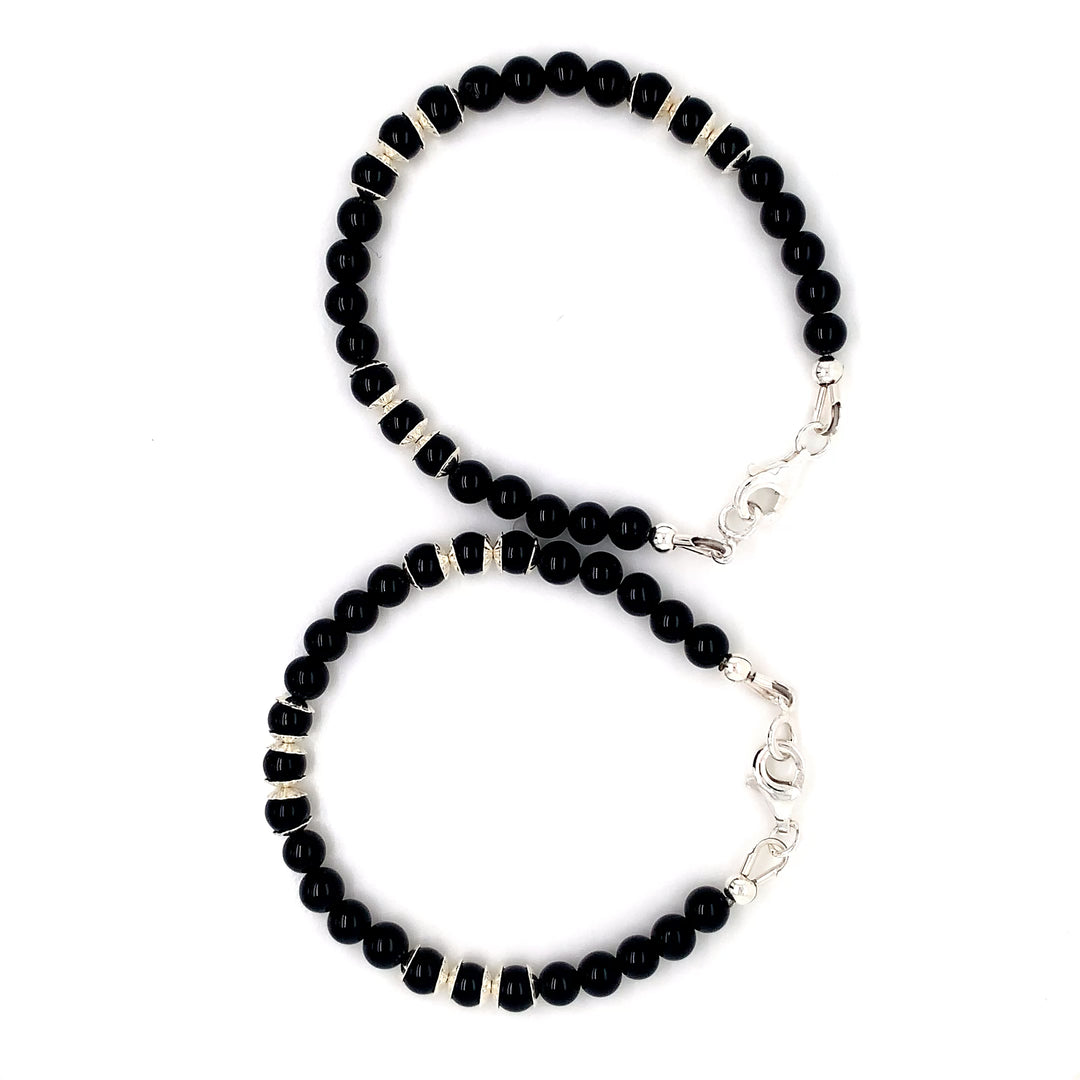 4mm Onyx Silver Sterling Flower Cap Kids Bracelet-1pair