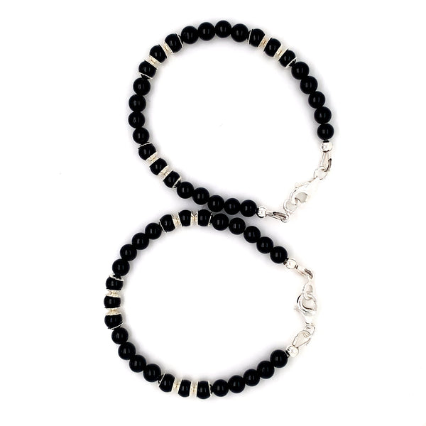 4mm Onyx Silver Sterling Flower Cap Kids Bracelet-1pair